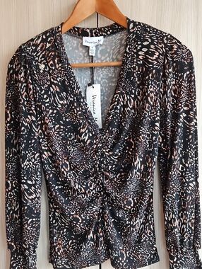 Veronica M Black Leopard-Print Long Sleeve Wrap Top-NWT